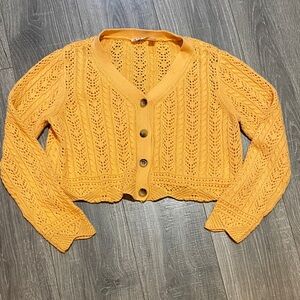 Willow & Root Mustard Yellow Knit Cropped Crochet Cardigan